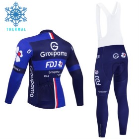 Set Fietsshirt Lange Mouw + Lange Koersbroek 2025 Groupama FDJ Winter Thermal Fleece Zwart Blauw